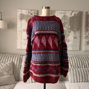 Tejidos Indigenas Ecuatorianos Handmade 100% Wool Sweater Red Multi Geometric